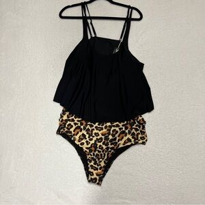 SOUQFONE Two Piece Ruffle Flounce Top Leopard Bottom Swimsuit Black Tan Size XXL